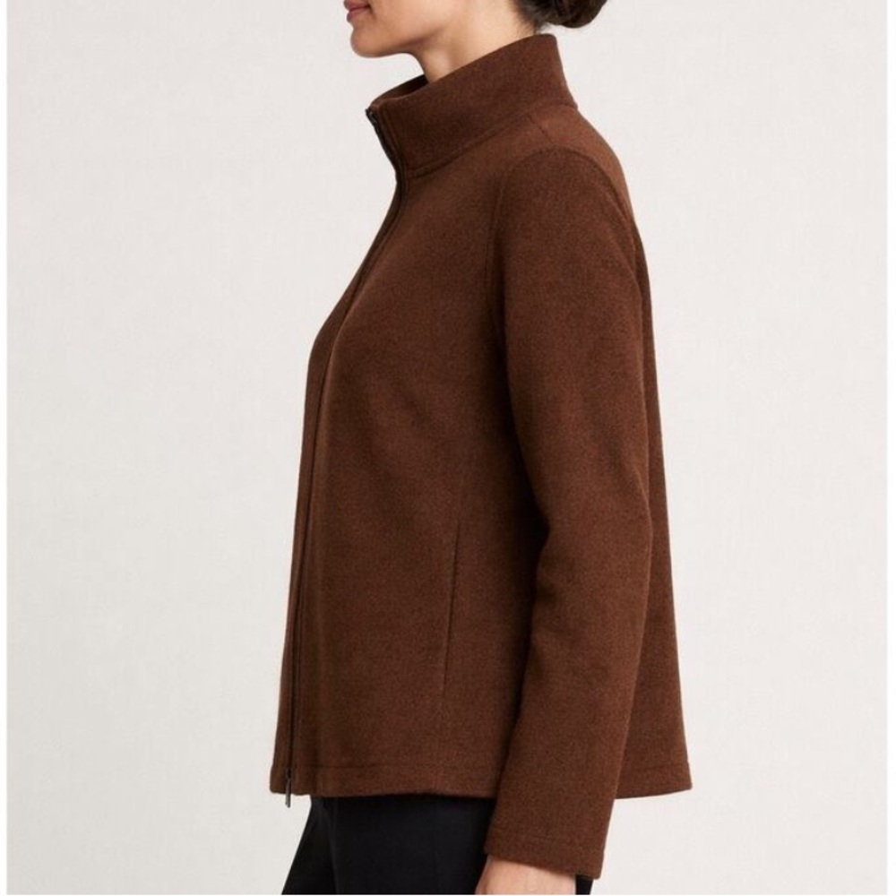 EILEEN FISHER Melton Italian Wool Mock Funnel Neck Full-Zip Coat‎ Jacket Brown S